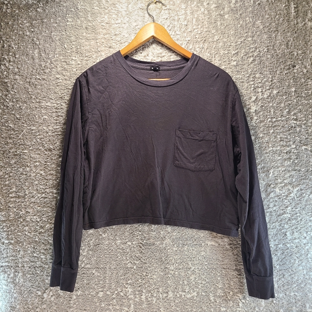 Monrow Basic Charcoal Gray Cropped‎ Long Sleeve Pocket Tee Large Cotton